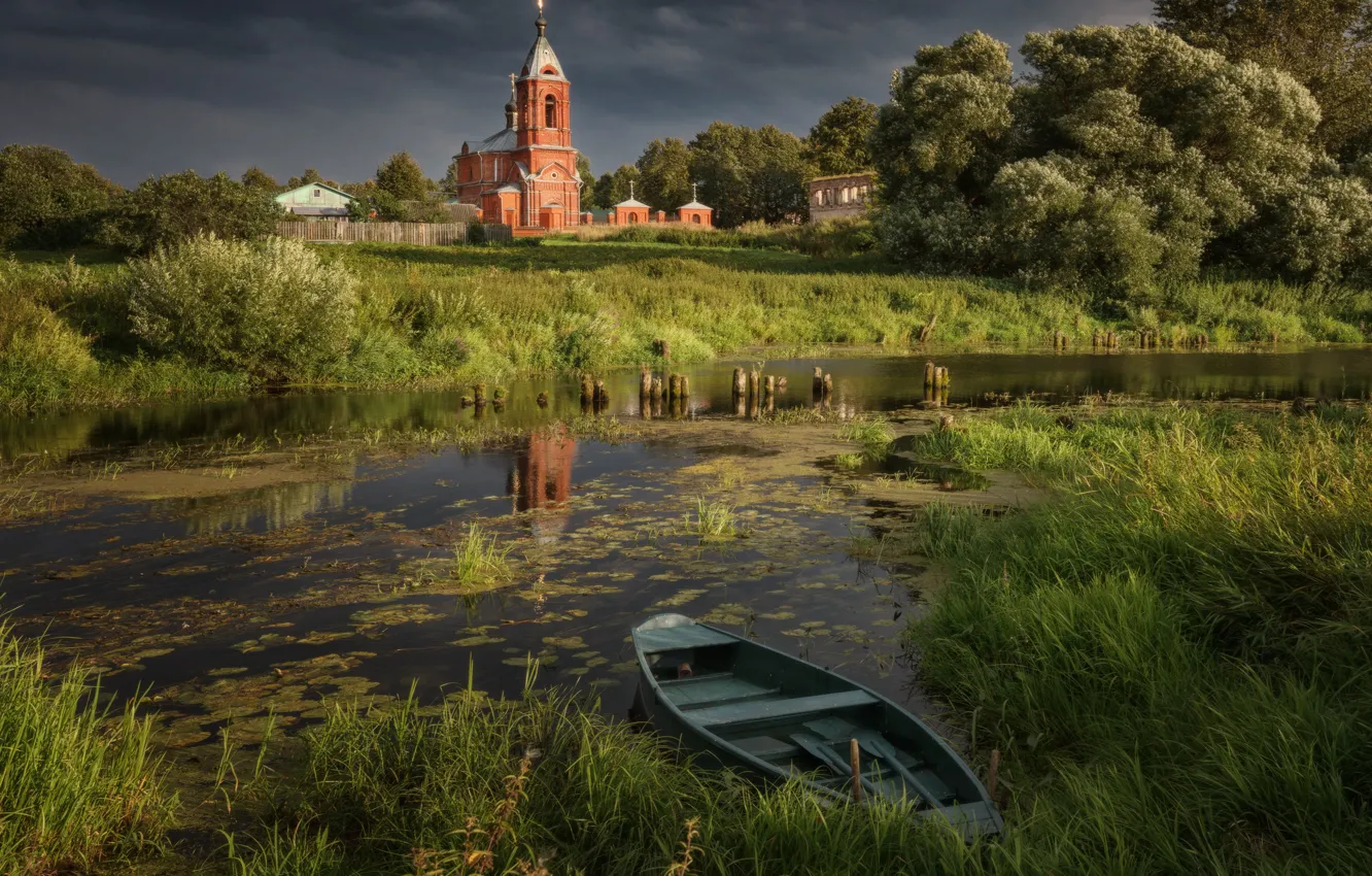 Photo wallpaper summer, landscape, nature, lake, boat, village, Church, Nikolay Shevchenko