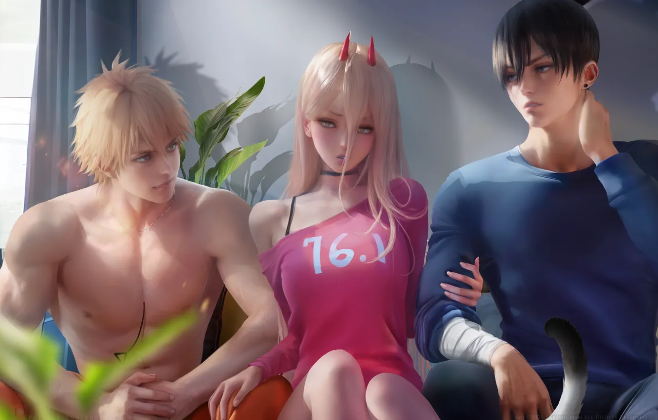 Photo wallpaper cat, girl, plant, the demon, guy, power, sakimichan, Chainsaw Man