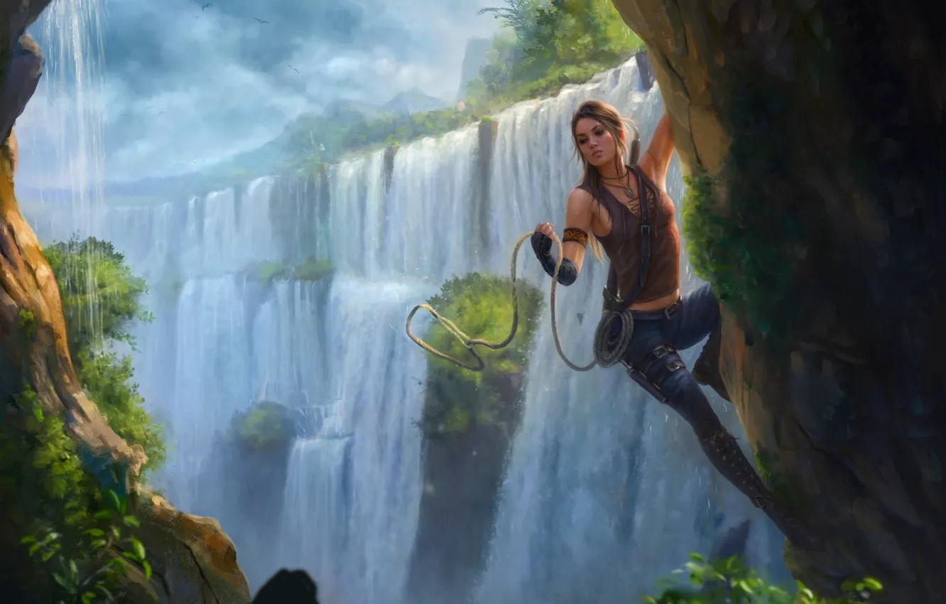 Photo wallpaper Girl, Waterfall, Tomb Raider, Lara Croft, Brown hair, Game, Lara Croft, Tomb raider