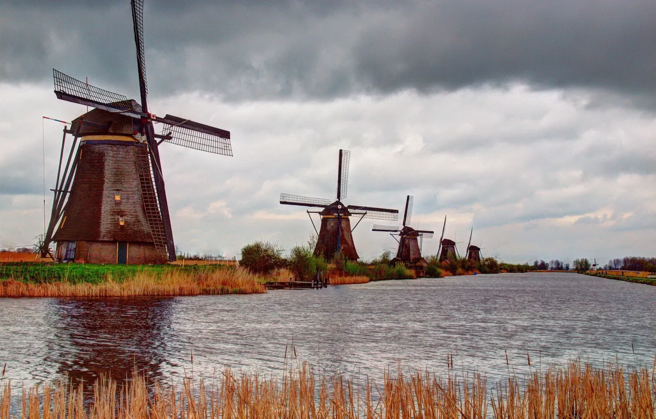 Photo wallpaper clouds, clouds, river, mill, wind