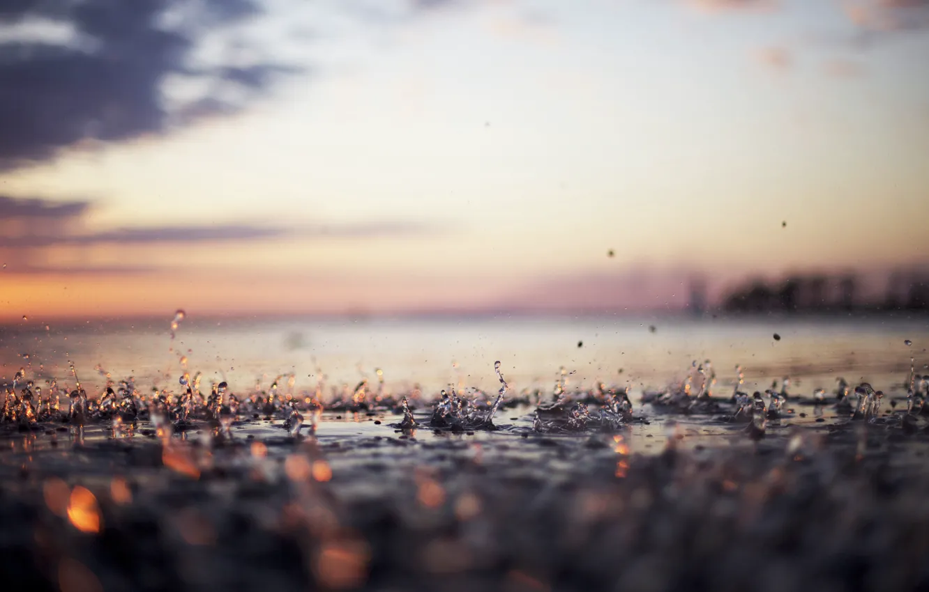 Photo wallpaper light, sea, sunset, bokeh, drops, wave, tide