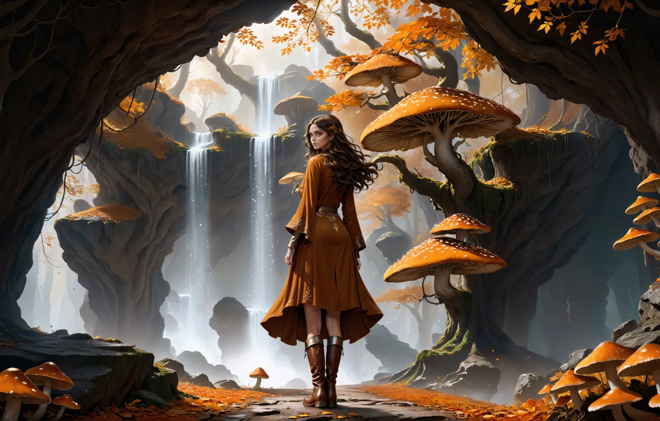 Photo wallpaper mushrooms, mushroom, pass, beautiful girl, beautiful girl, digital art, mushrooms, fantasy art