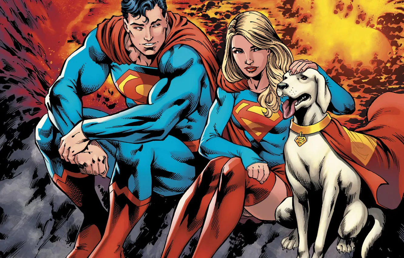 Photo wallpaper girl, logo, fantasy, Superheroes, dog, man, couple, Superman