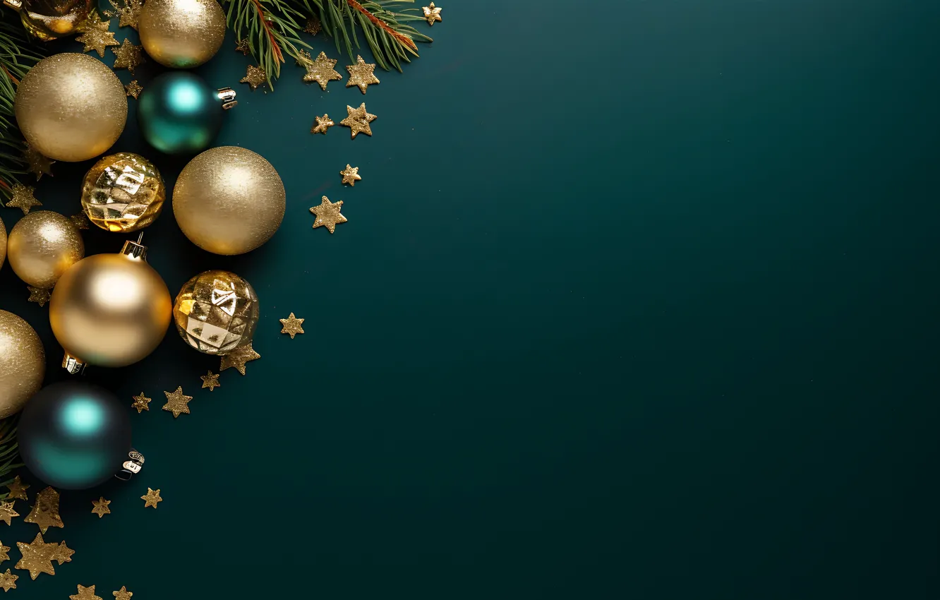 Photo wallpaper decoration, the dark background, balls, New Year, Christmas, dark, golden, new year