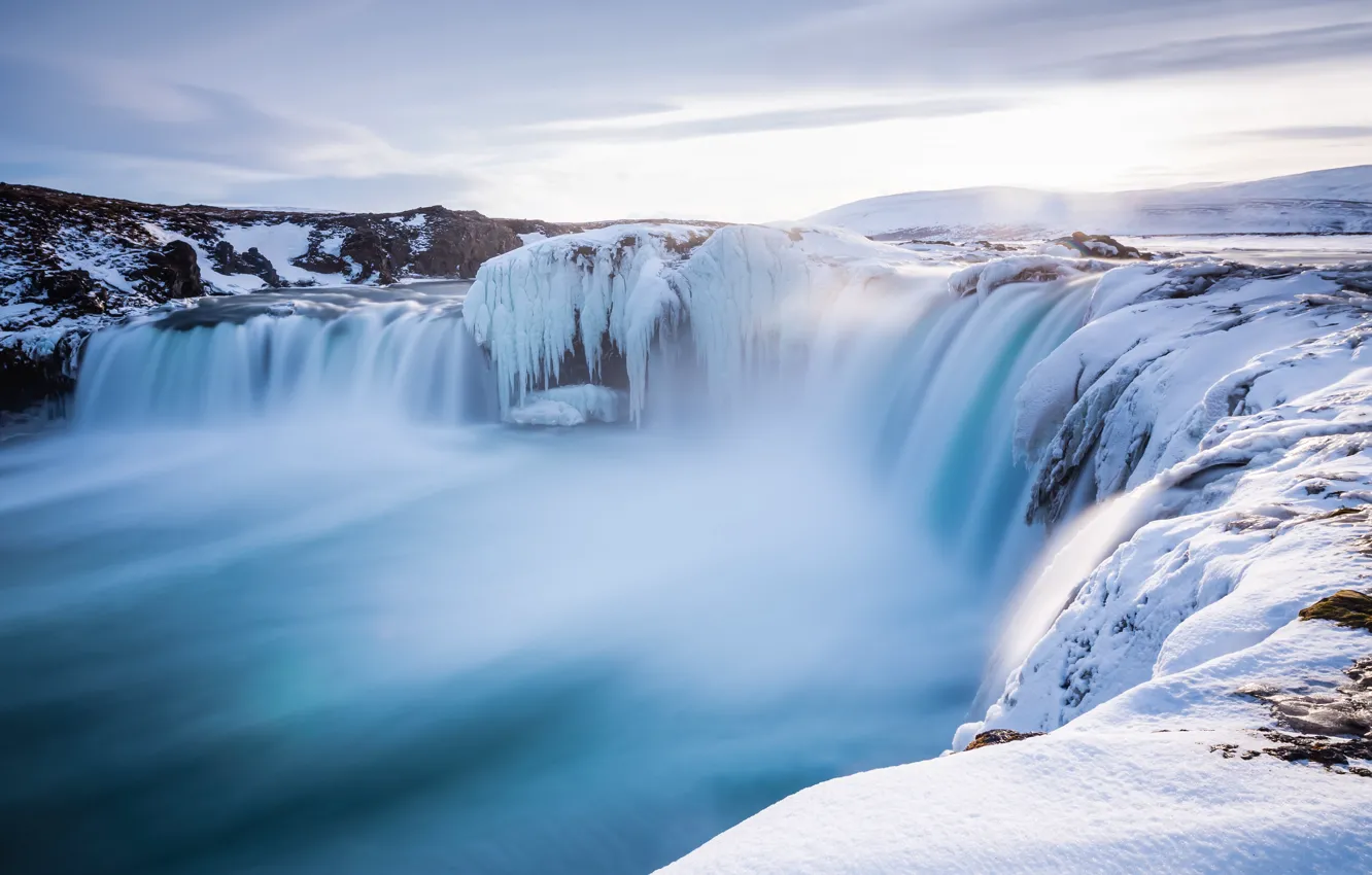 Photo wallpaper ice, winter, light, snow, mountains, fog, rocks, shore
