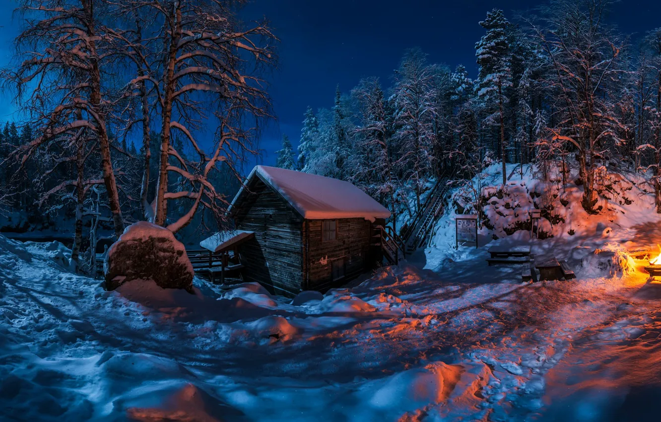 Photo wallpaper winter, night, house