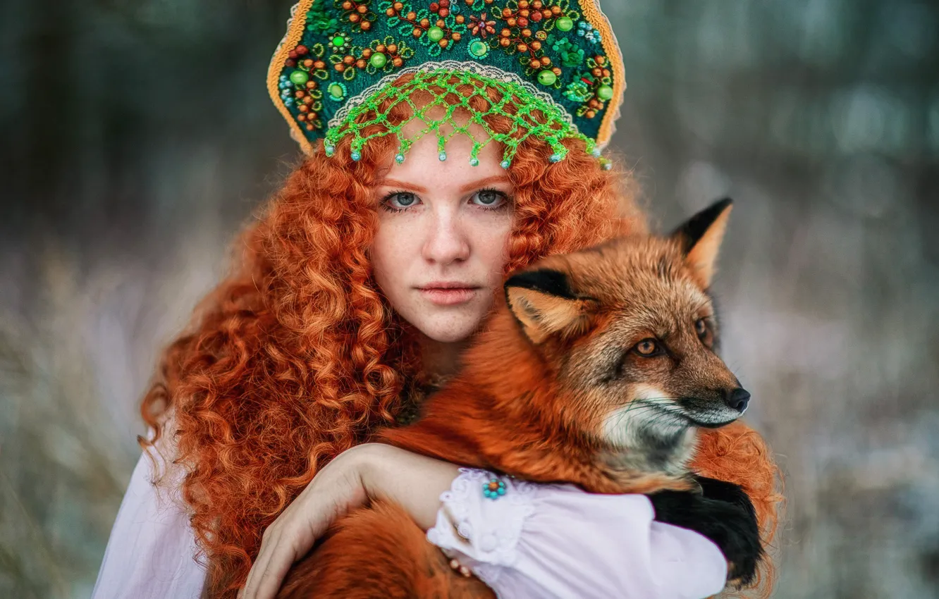 Photo wallpaper look, girl, face, hair, Fox, freckles, red, curls