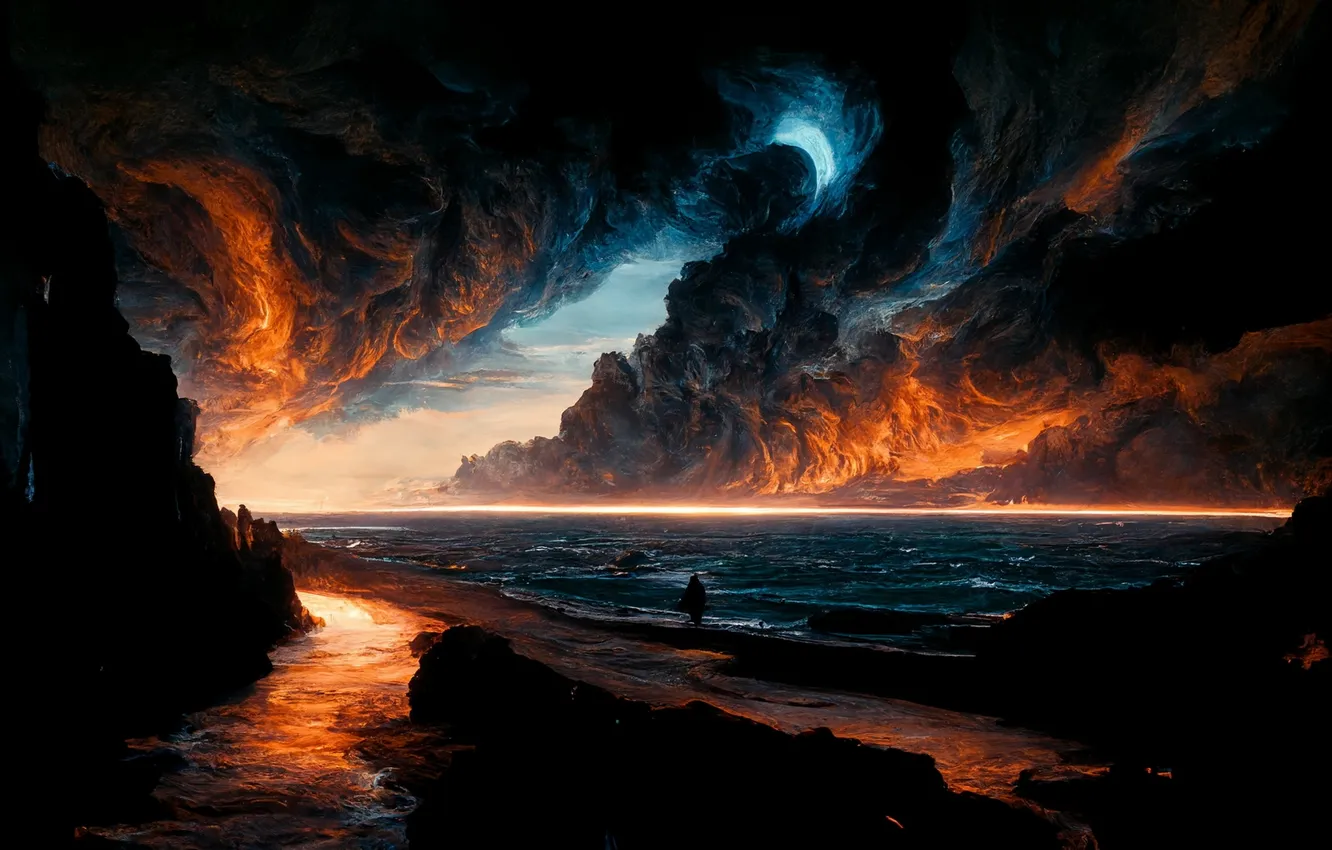 Photo wallpaper sea, water, sunset, rocks, smoke, figure, art, silhouette