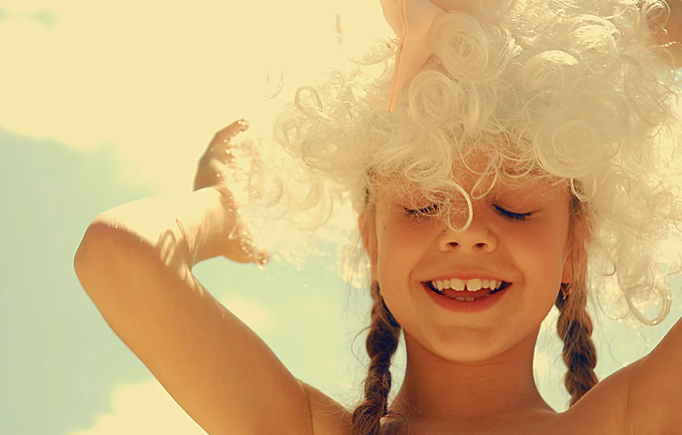 Photo wallpaper the sky, joy, smile, girl, braids, wig