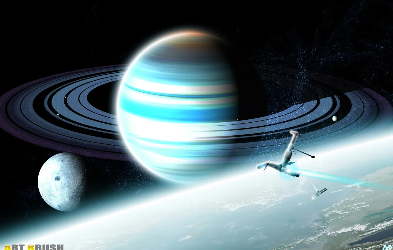 Photo wallpaper planet, satellite, ring, explorers of the unknown