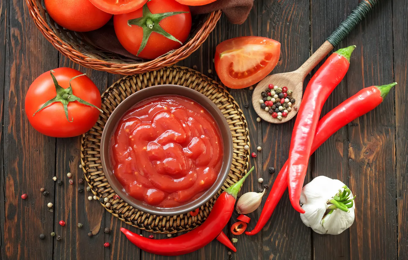 Photo wallpaper pepper, tomatoes, sauce, tomatoes, ketchup, spices, garlic, Chile