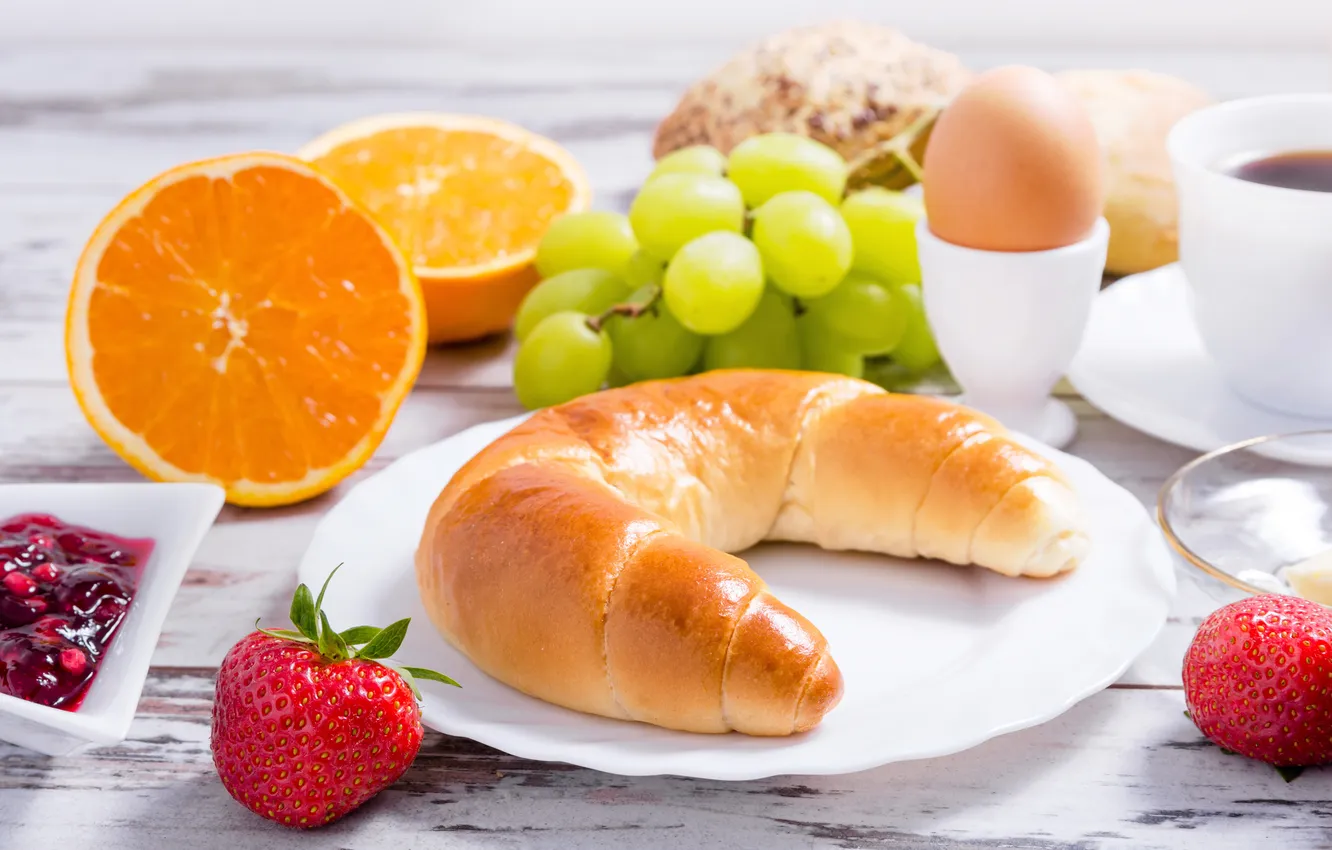 Photo wallpaper tea, egg, oranges, strawberry, plate, grapes, jam, buns