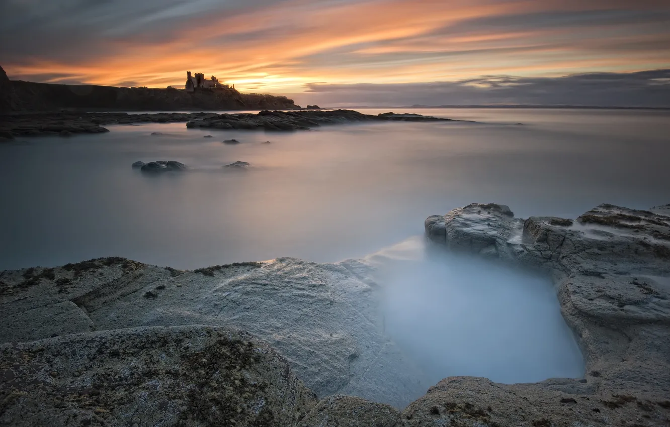 Photo wallpaper sea, sunset, stones, shore, calm, ruins