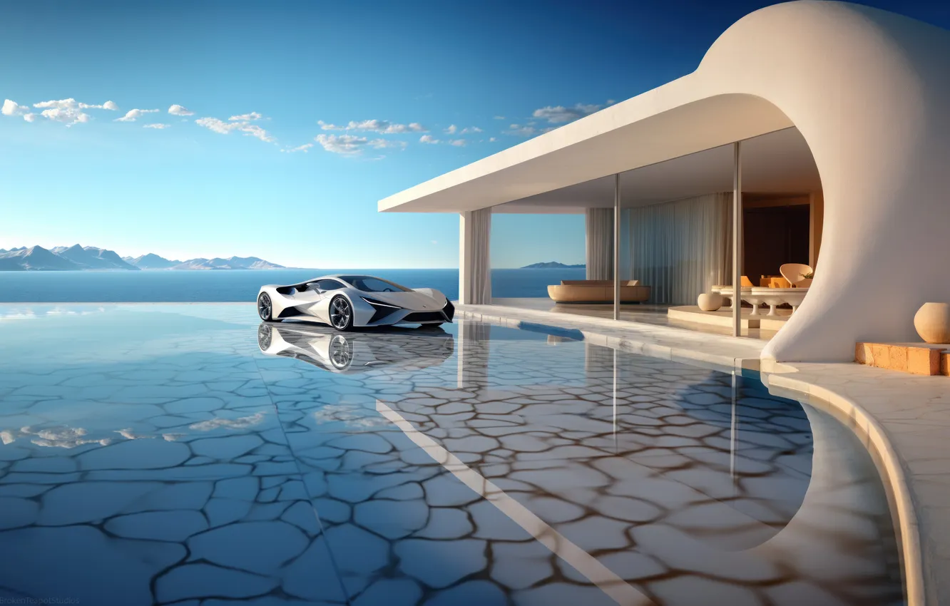 Photo wallpaper car, sky, building, AI Art