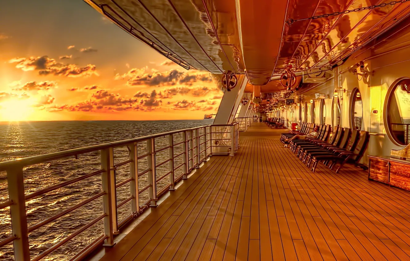 Photo wallpaper sea, rays, light, the ocean, dawn, stay, ship, vacation