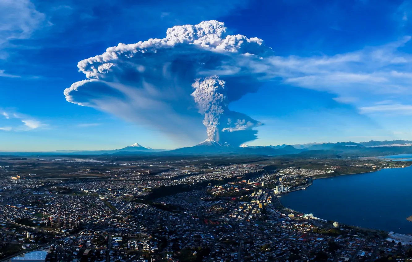 Photo wallpaper landscape, the city, coast, the volcano, horizon, the eruption, Chile, cataclysm