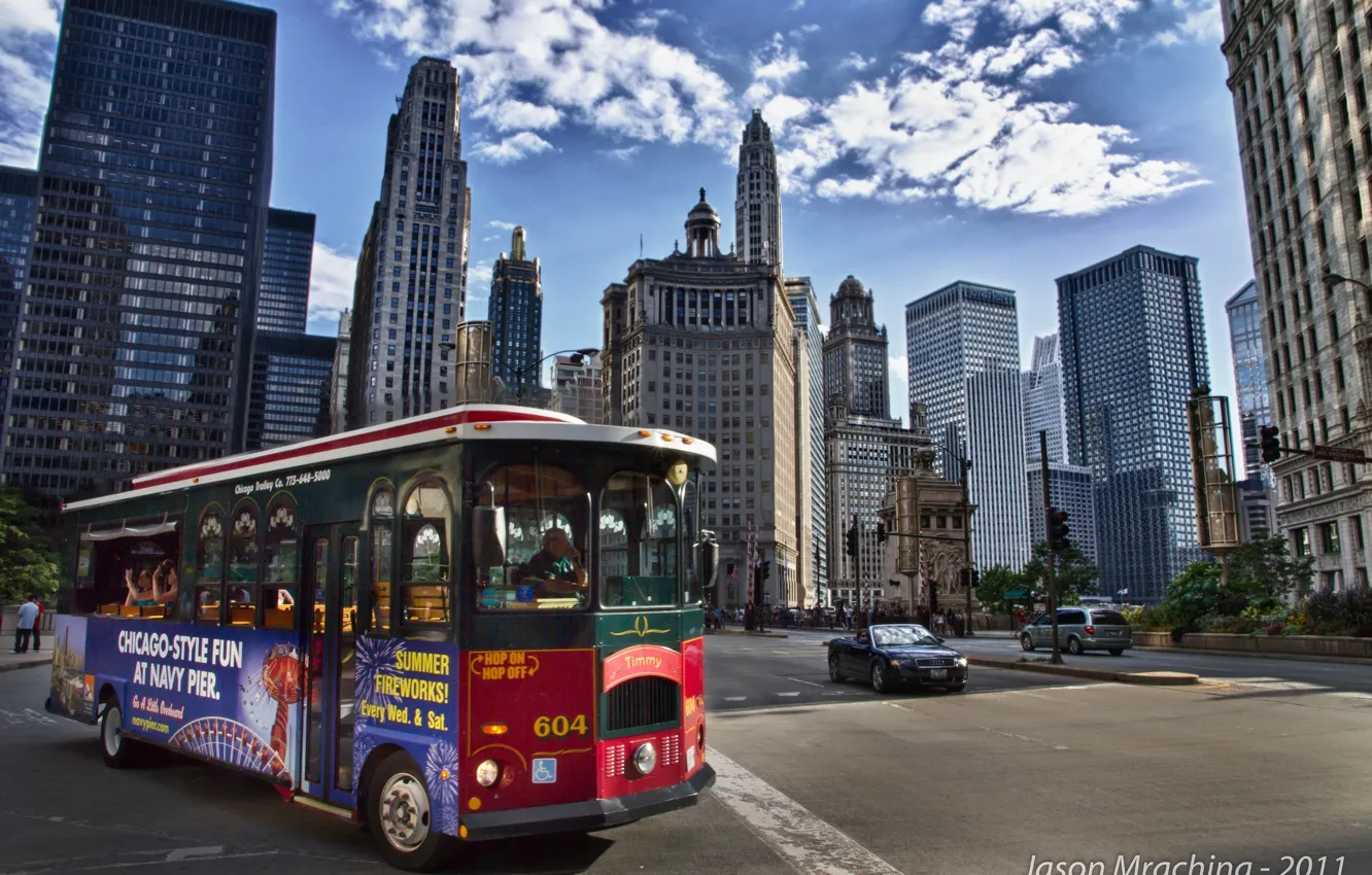 Photo wallpaper movement, street, building, skyscrapers, bus, America, Chicago, Chicago