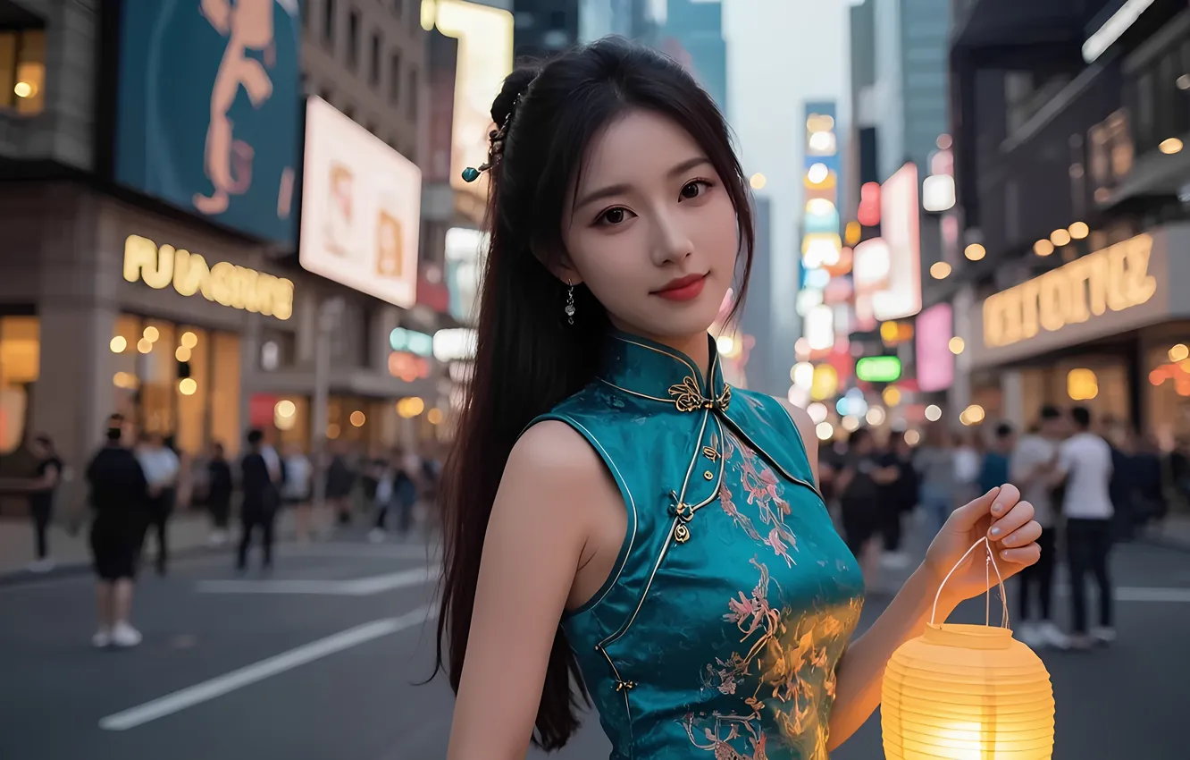 Photo wallpaper girl, the city, lamp, earrings, dress, hairstyle, Chinese, Asian