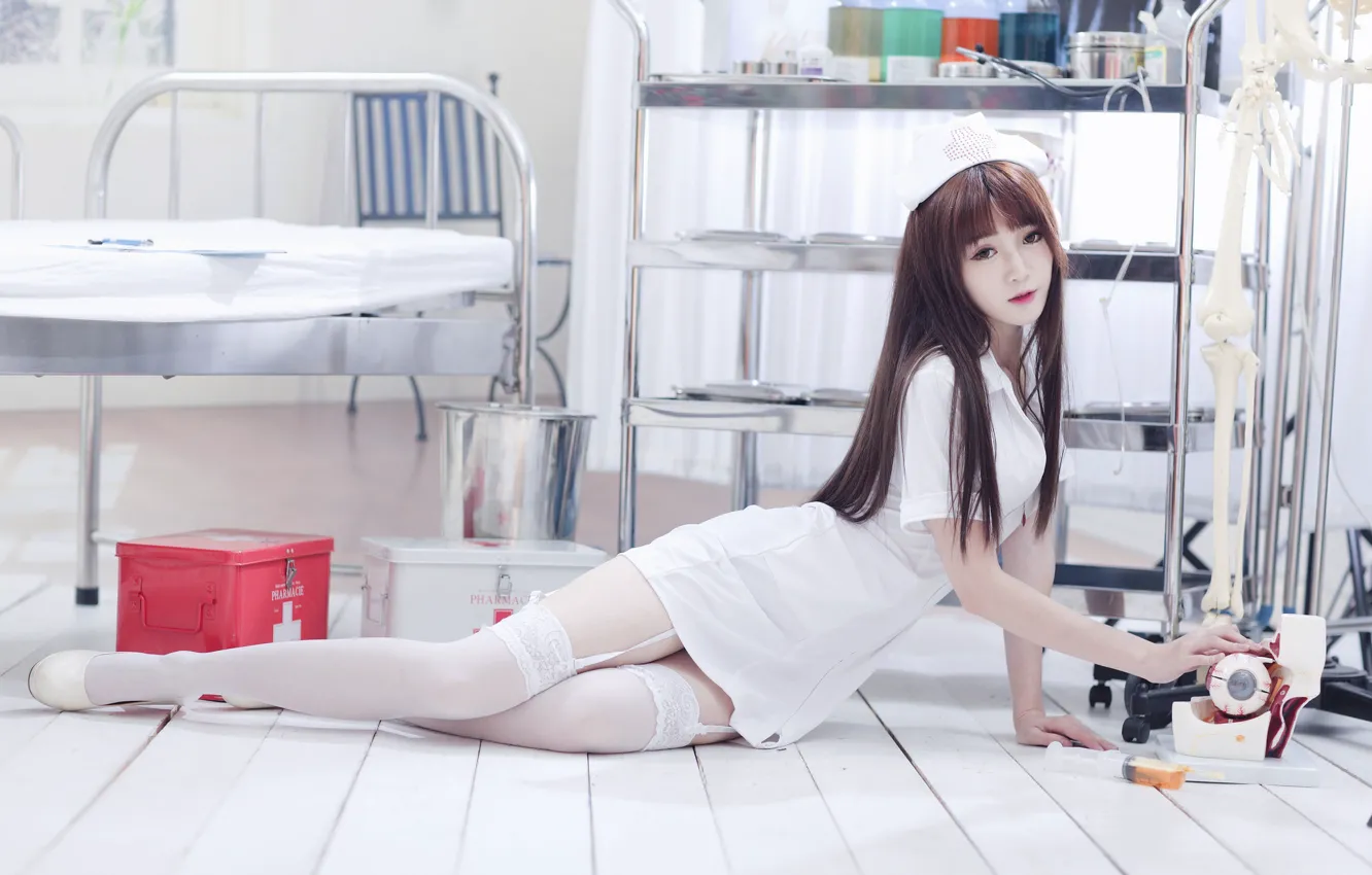 Photo wallpaper look, girl, face, stockings, figure, costume, legs, sister