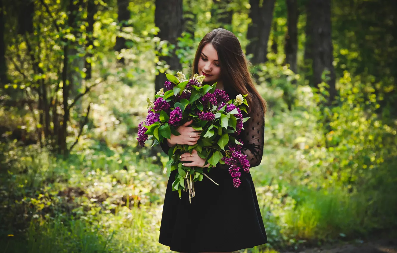 Photo wallpaper forest, girl, spring, lilac