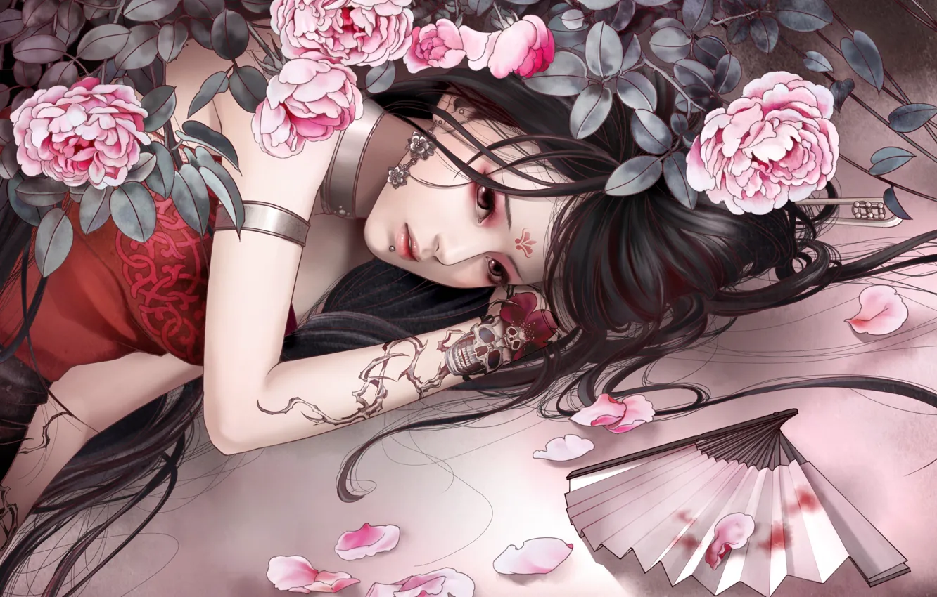 Photo wallpaper sadness, girl, mood, skull, roses, petals, tattoo, fan