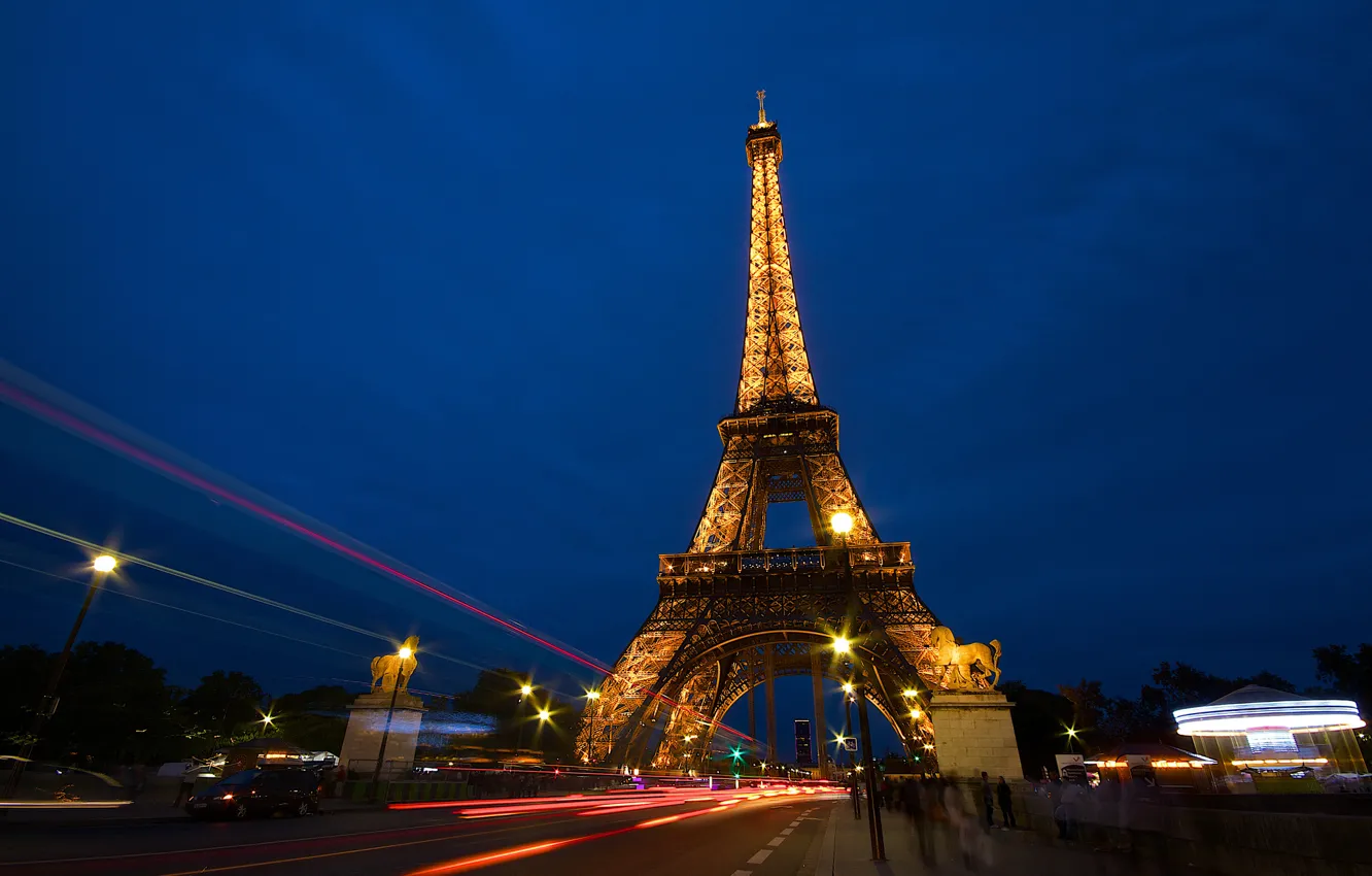 Photo wallpaper road, night, the city, people, France, Paris, excerpt, Eiffel tower