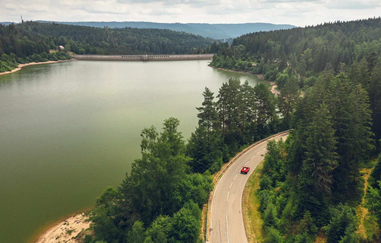 Photo wallpaper road, machine, forest, trees, Ferrari, pond, reservoir, Ferrari Daytona SP3