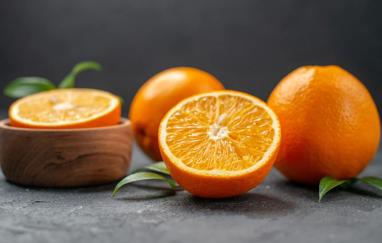 Photo wallpaper table, orange, bowl, fruit, grey background, halves, composition