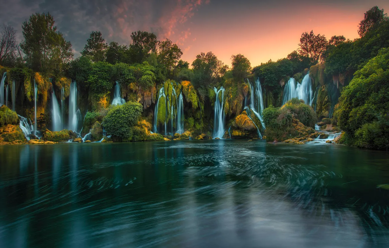 Photo wallpaper trees, river, waterfalls, Bosnia and Herzegovina, Bosnia and Herzegovina, Waterfall Kravitz, Kravica Waterfalls, Trebižat River