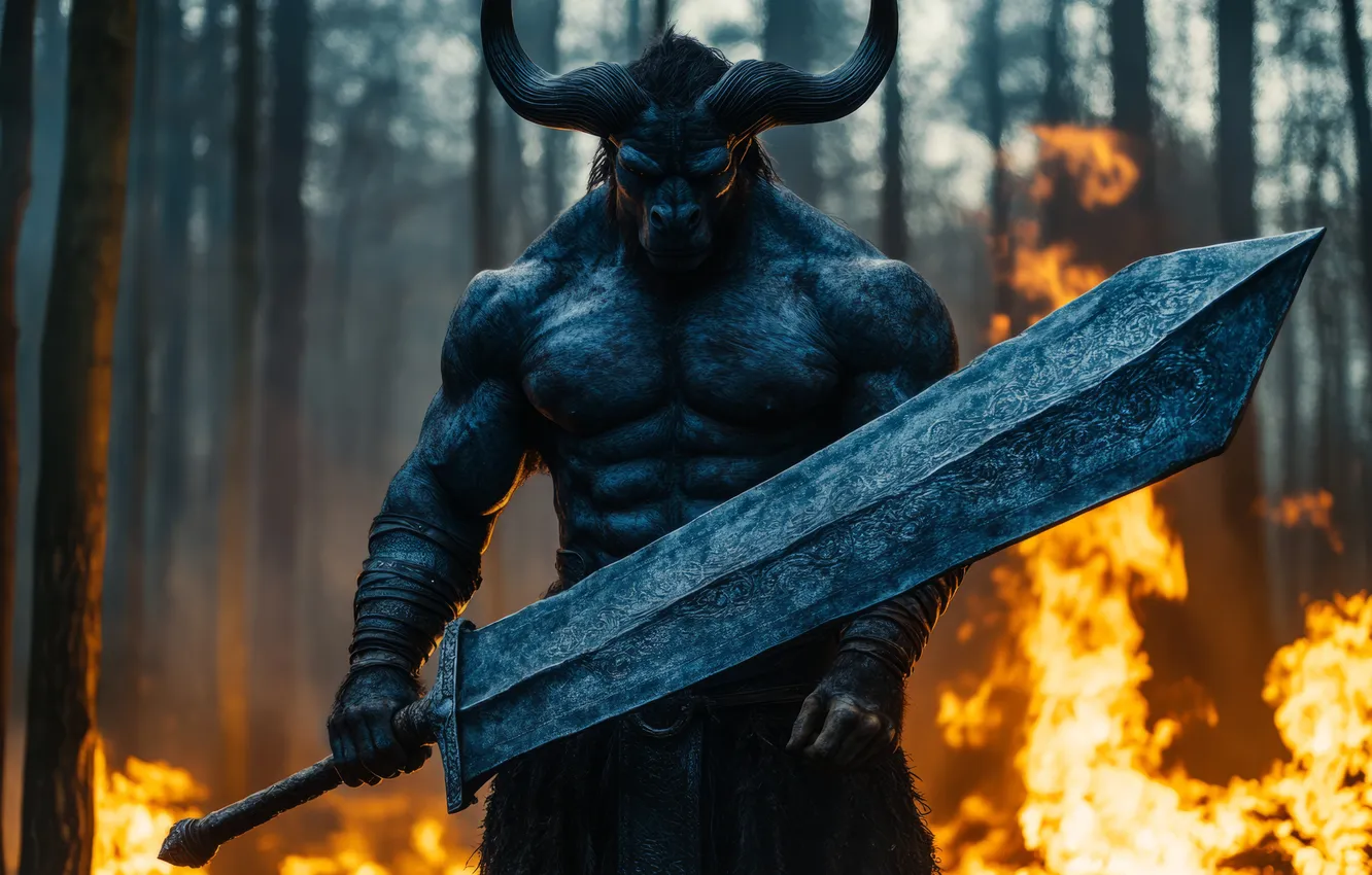 Photo wallpaper trees, lights, sword, monster, front, the Minotaur, digital art, mythology