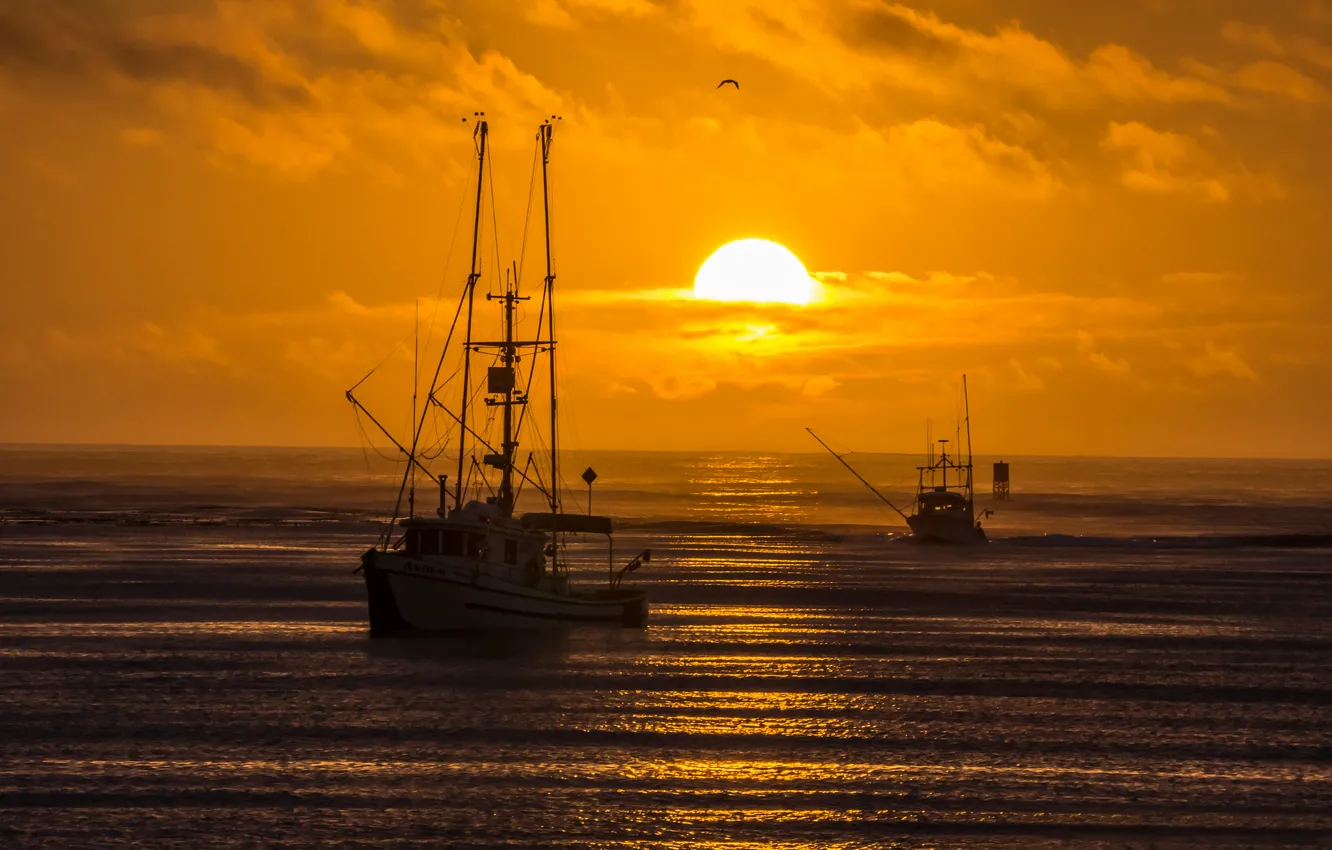 Photo wallpaper sea, the sun, sunset, the evening, boats, fishing