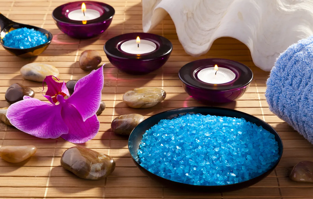 Photo wallpaper candles, Orchid, sea salt, Spa stones