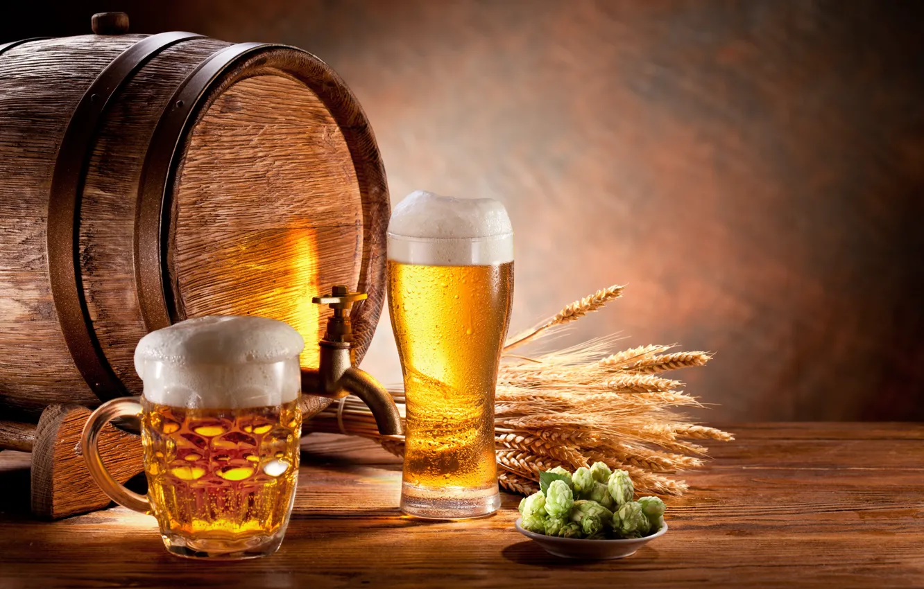 Photo wallpaper foam, glass, beer, mug, ears, barrel, malt, light