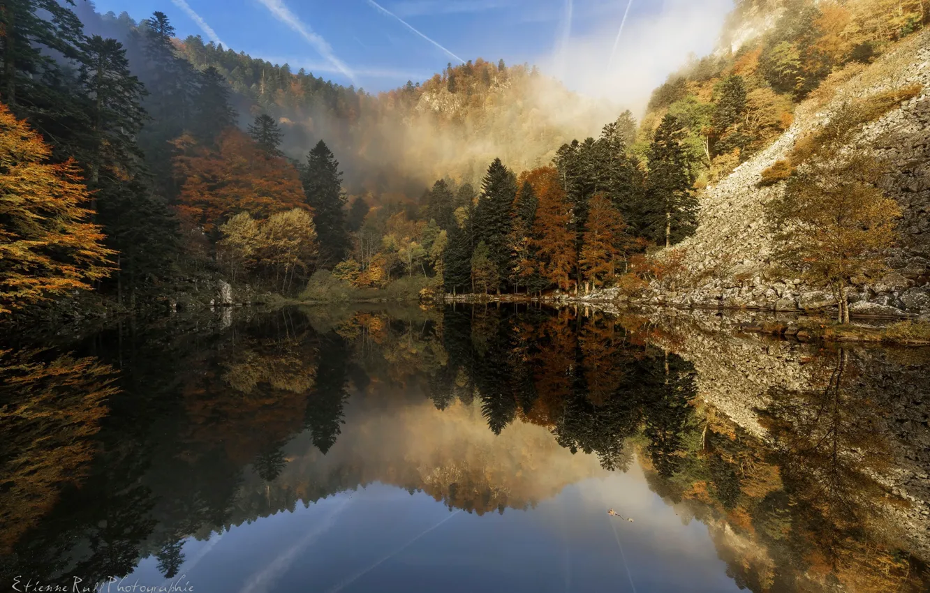 Photo wallpaper autumn, forest, trees, nature, lake, rocks