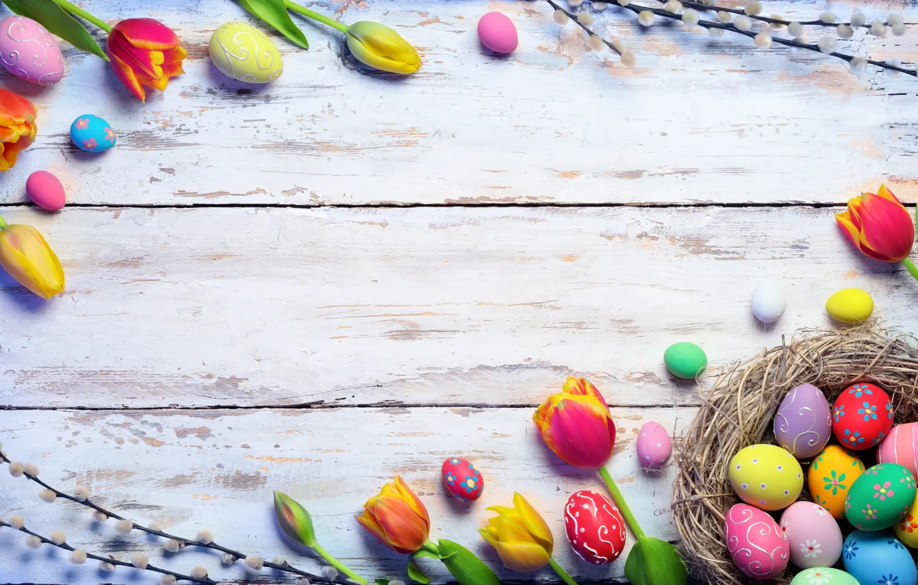 Photo wallpaper flowers, eggs, spring, colorful, Easter, wood, flowers, tulips