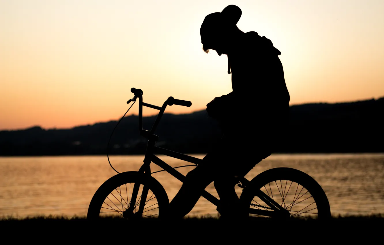 Photo wallpaper sunset, bike, lake, loneliness, silhouette, guy, waiting, bmx
