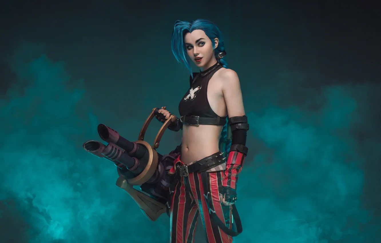 Photo wallpaper long hair, model, women, cosplay, belly, indoors, blue hair, women indoors