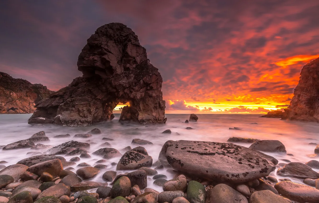 Photo wallpaper sunset, nature, rock, the ocean, coast