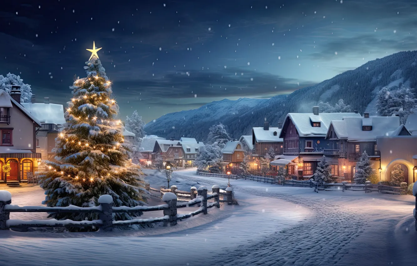 Photo wallpaper winter, snow, decoration, night, the city, lights, street, tree