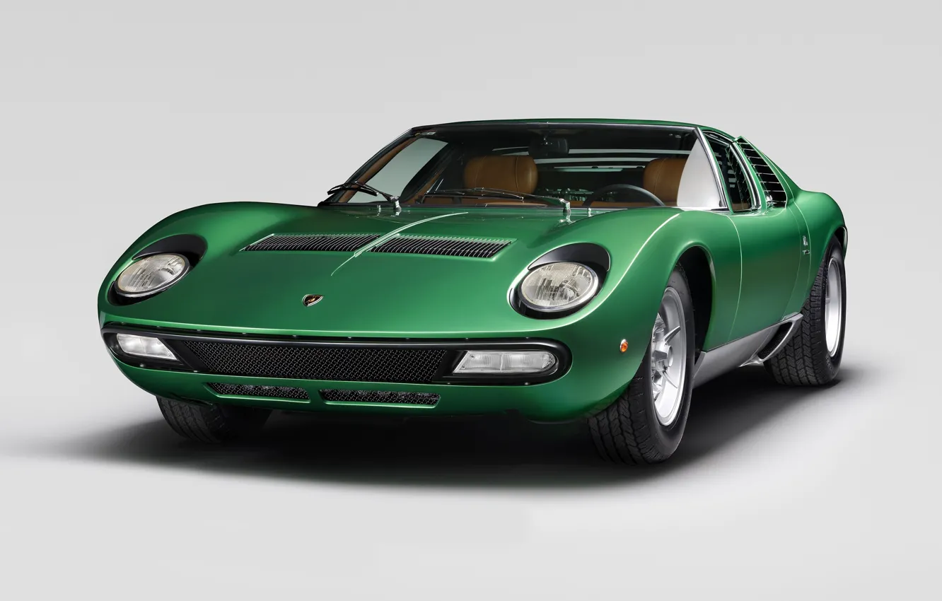 Photo wallpaper machine, auto, green, retro, lights, Lamborghini, 1971, supercar