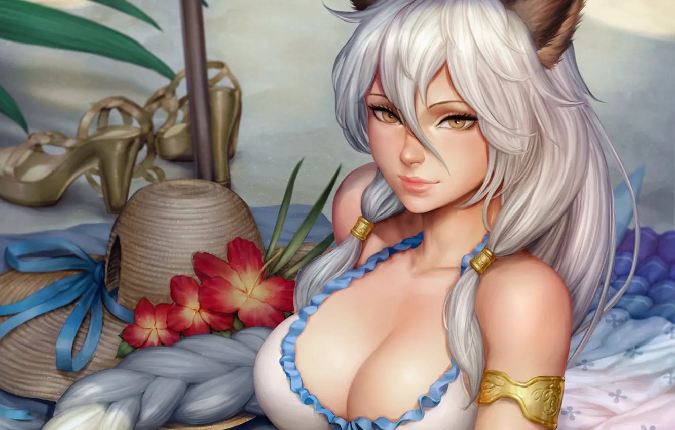 Photo wallpaper girl, sexy, cleavage, long hair, boobs, animal ears, anime, flowers