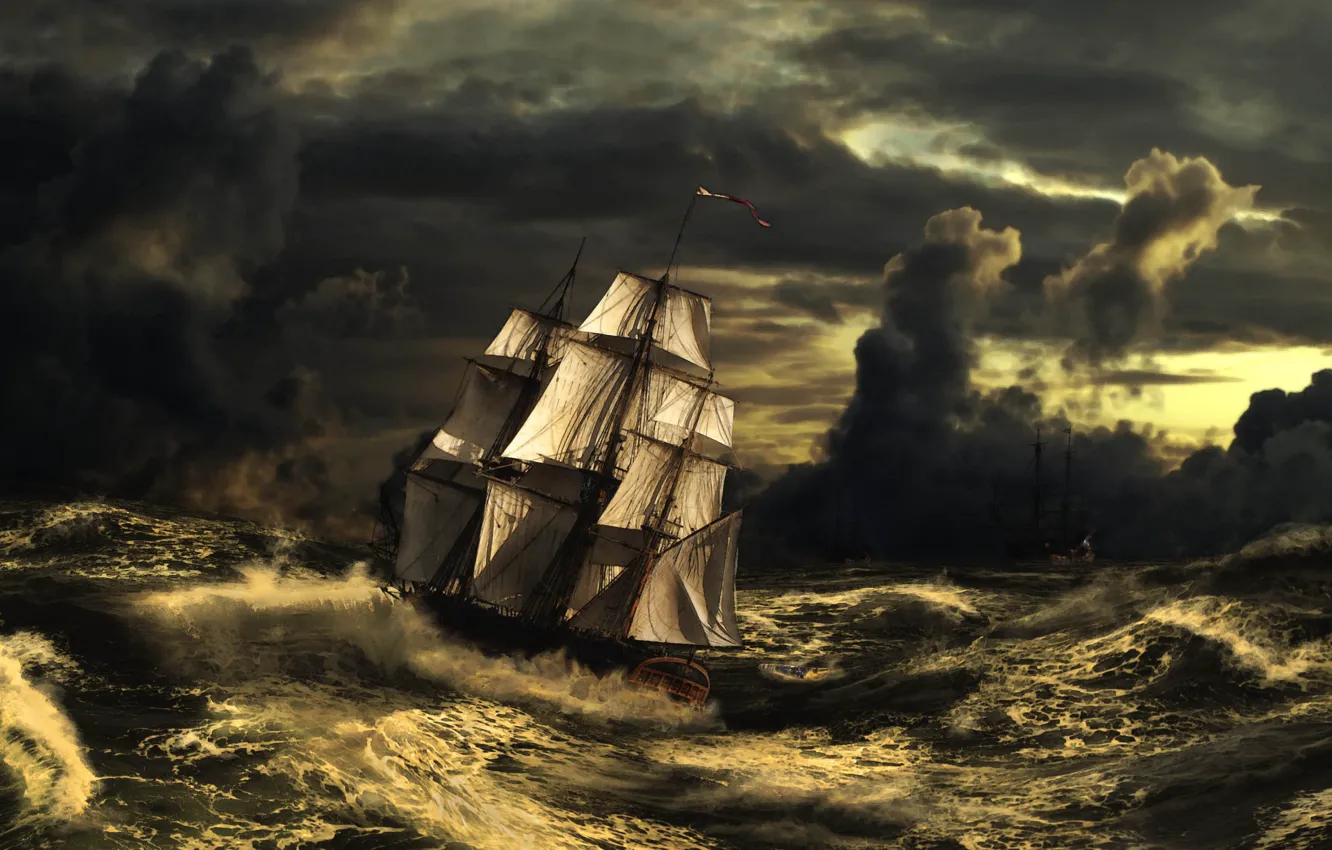 Photo wallpaper sea, wave, the sky, clouds, storm, figure, sailboat, art