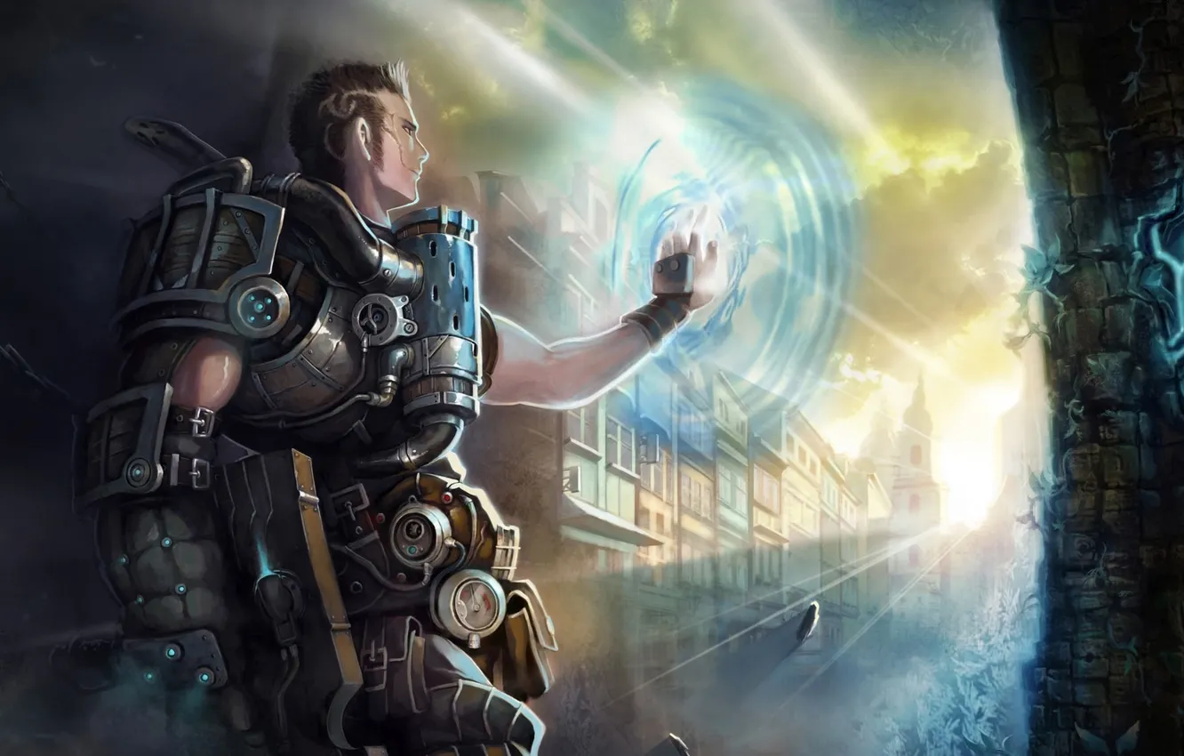 Photo wallpaper the city, weapons, wall, hands, the portal, art, armor, guy