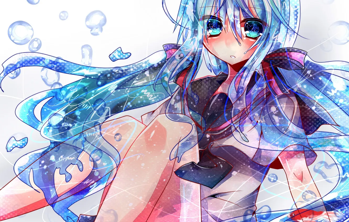 Photo wallpaper girl, bubbles, art, form, schoolgirl, vocaloid, Vocaloid, bottle miku