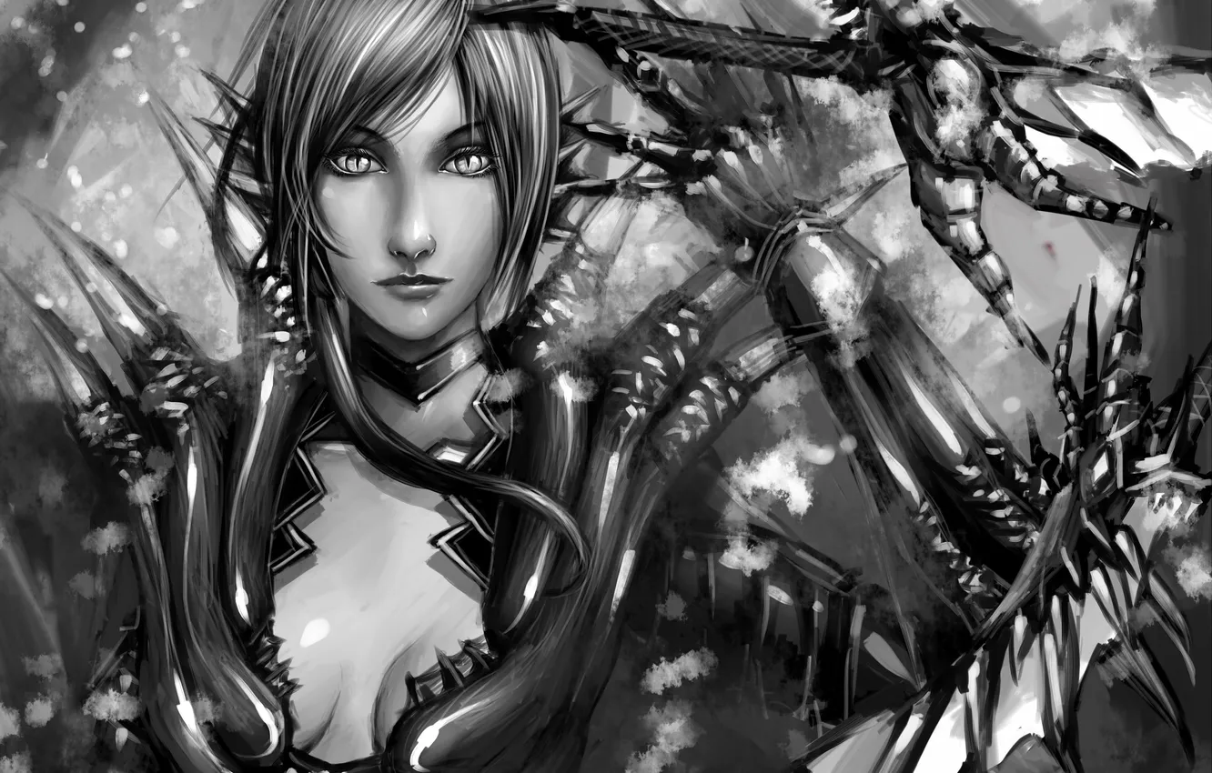 Photo wallpaper girl, figure, hands, art, spikes, black and white
