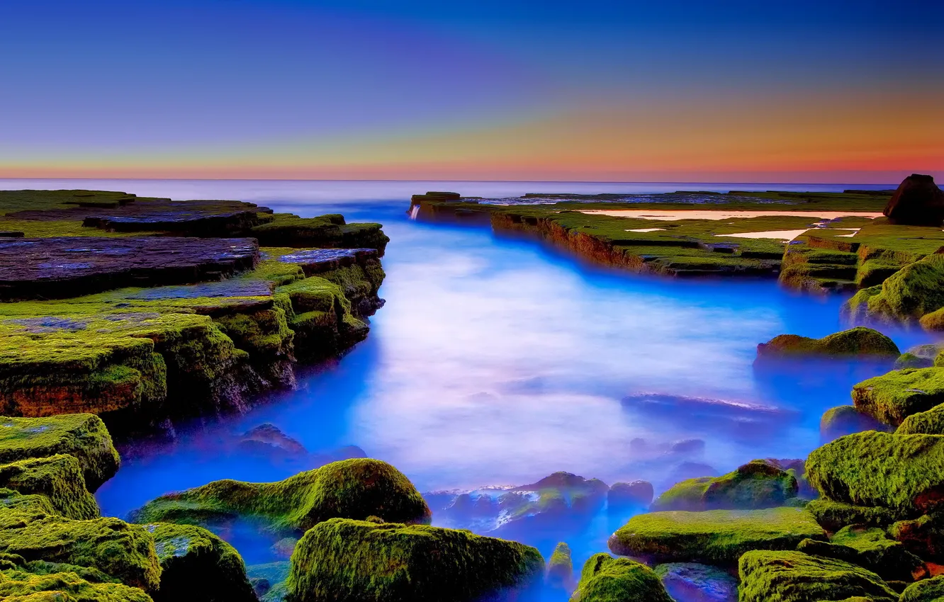Photo wallpaper sea, sunset, stones, moss