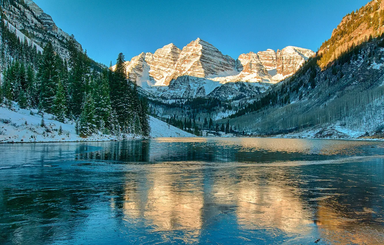 Photo wallpaper ice, winter, the sky, snow, mountains, lake