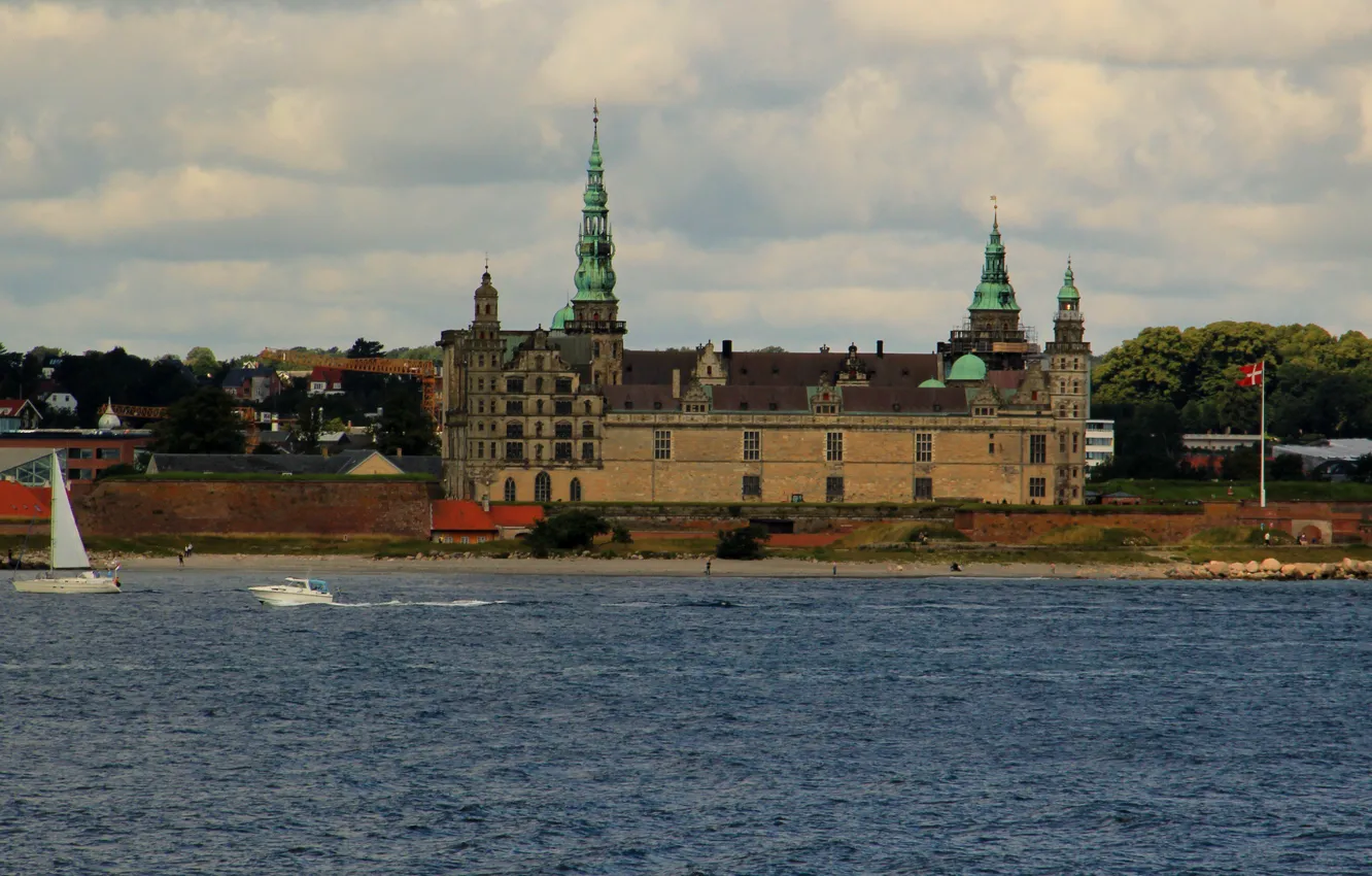 Photo wallpaper sea, water, Strait, castle, boat, view, Denmark, sail