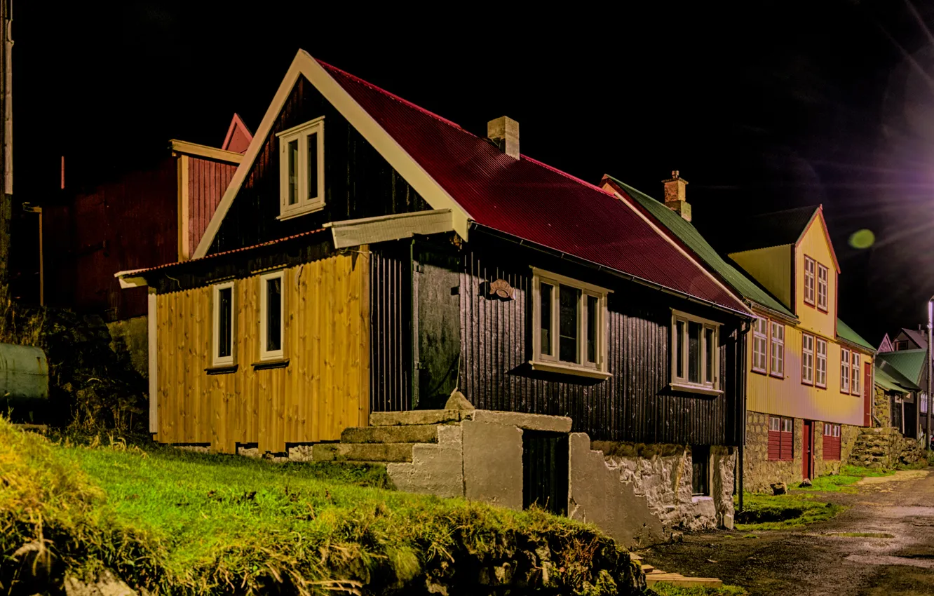 Photo wallpaper night, house, street, Denmark, Klaksvik Faroe Islands