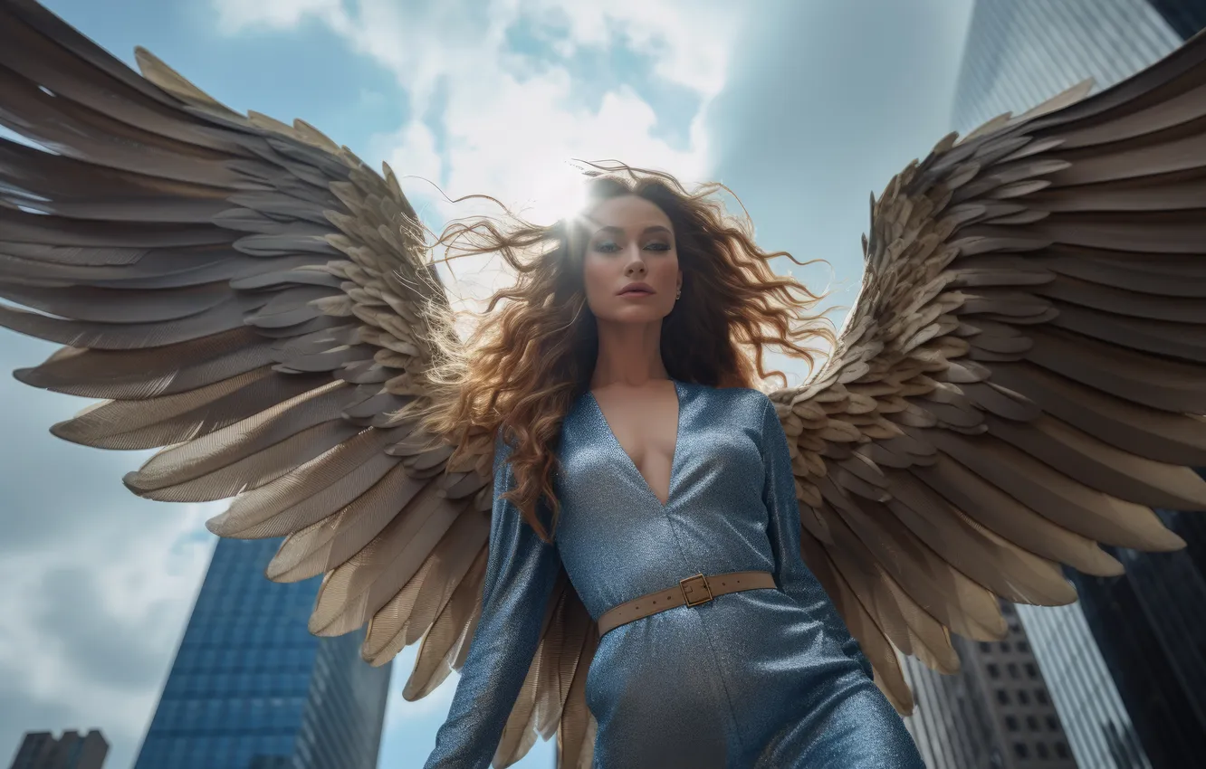 Photo wallpaper look, girl, the sun, hair, home, wings, angel, digital art